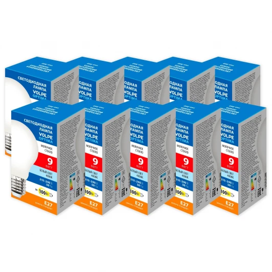 LED-A60-9W/4000K/E27/FR/SLF Набор из 10штук Лампа светодиодная Volpe Optima Филамент LED-A60-9W/4000K/E27/FR/SLF Набор из 10штук форма А. матовая, белый свет 4000K