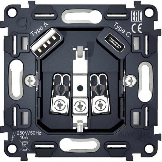 VM160 Механизм электрической розетки Ambrella Volt 2USB A+C 20W быстрая зарядка с заземлением на винтовых зажимах 16A 250V QUANT VM160