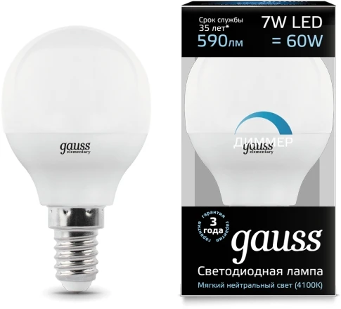 105101207-D Лампочка светодиодная E14 7 Вт 640 lm 4100K нейтральное белое свечение Gauss Globe 105101207-D