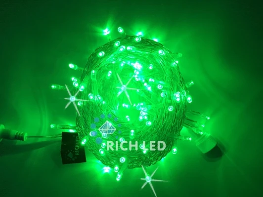 RL-S10CF-24V-T/G Гирлянда светодиодная зеленая с мерцанием 24B, 100 LED, провод прозрачный, IP54 RL-S10CF-24V-T/G Rich LED