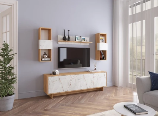 490789 Готовая гостиная Огюст Мини (Огюст Мини дуб золотой / каспий светлый) Woodville арт.490789