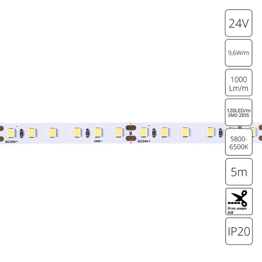 A2412008-03-6K Светодиодная лента 24V 9,6W/m 6000К 5м Arte Lamp Tape A2412008-03-6K