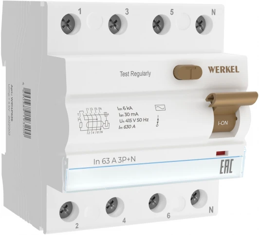 W914P636 Устройство защитного отключения 3P+N 63 A 30m А АС 6 kА Werkel W914P636 (a062566)