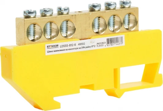 49552 Шина заземления на изоляторе на DIN-рейку 6 выводов (желтый) Stekker 49552