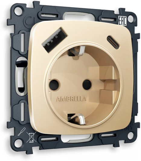 MO610010 Комплект механизма Ambrella Volt электрической розетки OMEGA MO610010 Шампань 2USB A+C 20W быстрая зарядка с заземлением и шторками 2P+E 16A-250V QUANT