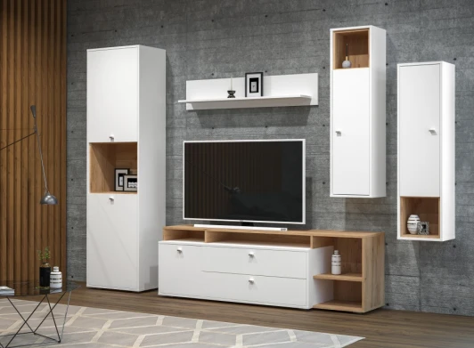 344349 Модульная гостиная Бэль комплектация 1 (Бэль белый премиум / дуб золотой craft комплектация 1) Mobi арт.344349