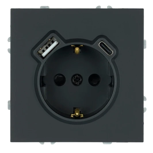 50218 Розетка с заземлением и шторками с USB Type A+С (черный уголь, soft touch) Stekker Эмили 50218