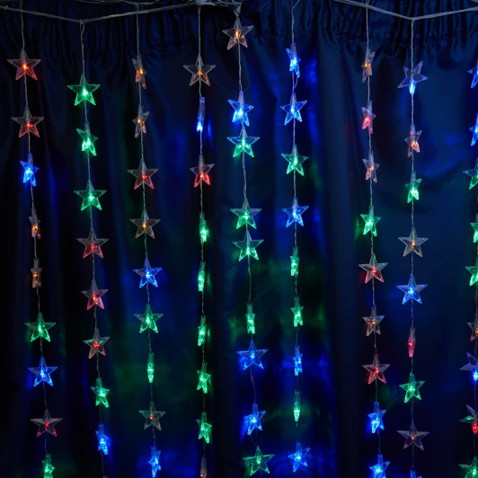 48609 Светодиодная гирлянда Feron CL25 48609 занавес Звездочки 2*1м + 3м 220V мультиколор, статичная, c питанием от сети, прозрачный шнур
