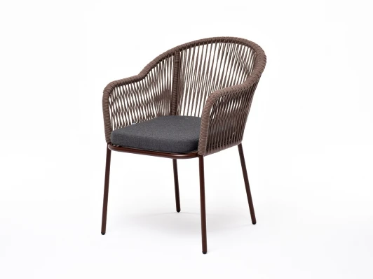 LIO-CH-st001 RAL8016 Mua brown(D-gray027) "Лион" стул плетеный из роупа, каркас из стали коричневый (RAL8016) муар, роуп коричневый круглый, ткань бежевая 4SIS арт.УТ-00006951
