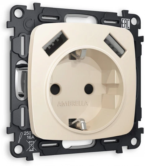 MO329010 Комплект механизма Ambrella Volt электрической розетки OMEGA MO329010 Бежевый матовый 2USB A+A 18W быстрая зарядка с заземлением со шторками 2P+E 16A-250V QUANT