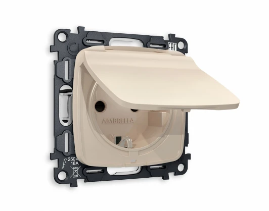 MO328010 Комплект механизма Ambrella Volt электрической розетки OMEGA MO328010 Бежевый матовый с заземлением со шторками и защитной крышкой 2P+E 16A-250V IP44 QUANT