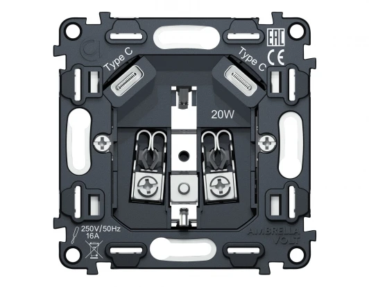 VM165 Механизм электрической розетки с заземлением с быстрой зарядкой 2хUSB Type-С встраиваемый (серый) Ambrella Volt QUANT VM165