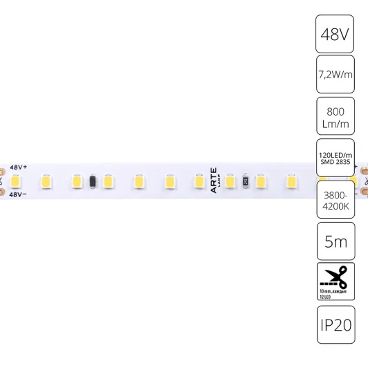 A4812010-02-4K Светодиодная лента 48V 7,2W/m 4000К 5м Arte Lamp Tape A4812010-02-4K