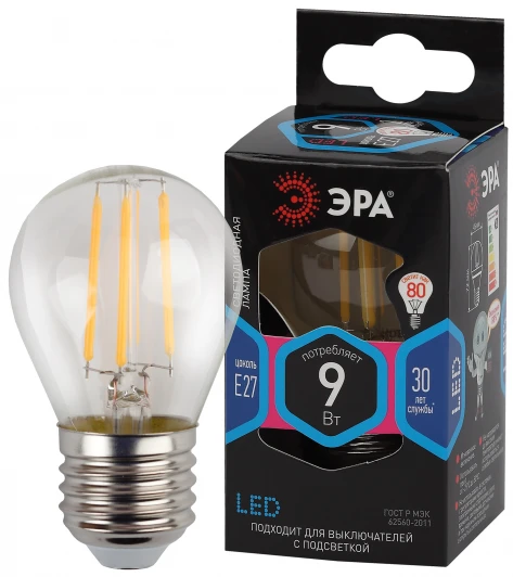 F-LED P45-9w-840-E27 Лампочка светодиодная филаментная E27 9W ЭРА F-LED P45-9w-840-E27