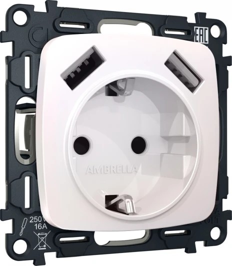 MO209010 Комплект механизма Ambrella Volt электрической розетки OMEGA MO209010 Жемчуг 2USB A+A 18W быстрая зарядка с заземлением и шторками 2P+E 16A-250V QUANT