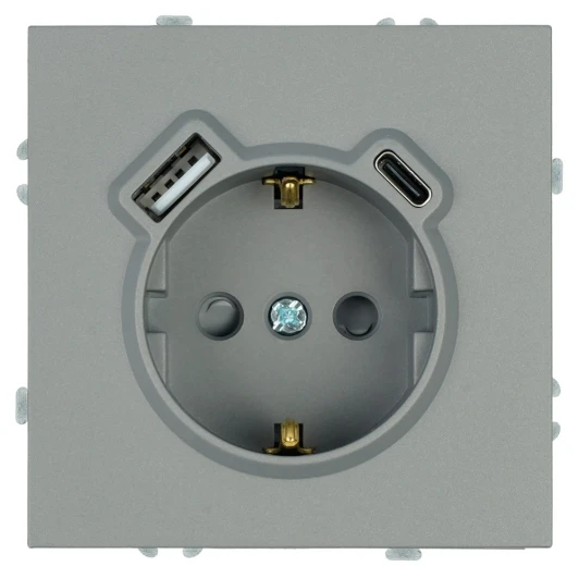 50219 Розетка с заземлением и шторками с USB Type A+С (платиново-серый, soft touch) Stekker Эмили 50219
