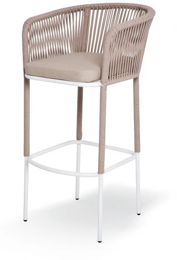MAR-BCH-st001 W Mua beige(beige15052) "Марсель" стул барный плетеный из роупа, каркас из стали белый муар, роуп бежевый круглый, ткань бежевая 15052 4SIS арт.УТ-00011261