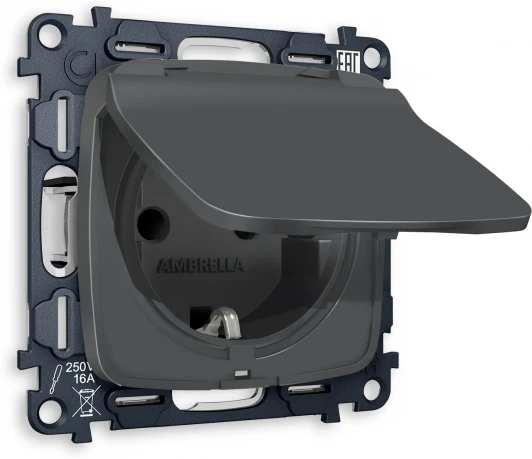 MO908010 Комплект механизма Ambrella Volt электрической розетки OMEGA MO908010 Графит мягкое касание с заземлением с шторками и защитной крышкой 2P+E 16A-250V IP44 QUANT