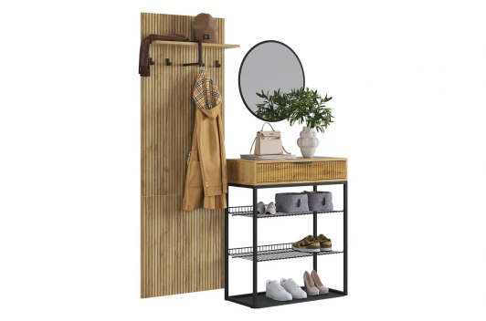 ПК0001Мебельсон.3531 Прихожая "Мебельсон К1" (1350х334х1750) Mebelson (ЛДСП,Пластик,Металл,Зеркало,МДФ/Дуб крафт золотой,Черный) арт.ПК0001Мебельсон.3531