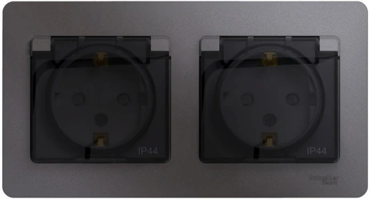 GSL001347 Розетка встраиваемая двойная с заземлением, шторками и крышкой (графит) IP44 Systeme Electric Glossa GSL001347