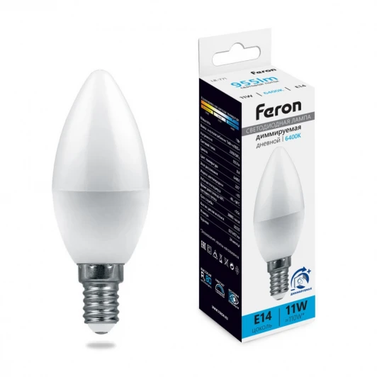 51057 Лампа светодиодная C37 свеча диммируемая 11W 230V E14 6400К Feron LB-771 51057