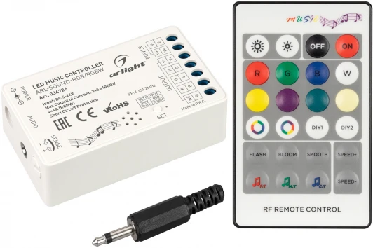 034726 Аудиоконтроллер ARL-SOUND-RGB/RGBW (12-24V, 4x4A, RF ПДУ 24кн) (Arlight, IP20 Пластик, 3 года) 034726