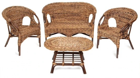 4452 Комплект для отдыха "Mandalino" 05/21 ( диван + 2 кресла + стол овальный ) /без подушек/ walnut (грецкий орех), плетение-банановые листья (ротанг)