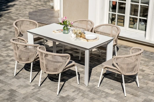 VEN-CMIL6T1-7-SET beige "Венето" обеденная группа на 6 персон со стульями "Милан", каркас белый, роуп бежевый 4SIS арт.УТ-00009334