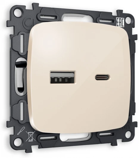 MO311010 Комплект механизма Ambrella Volt розетки OMEGA MO311010 Бежевый глянец 2USB A+C 20W быстрая зарядка QUANT