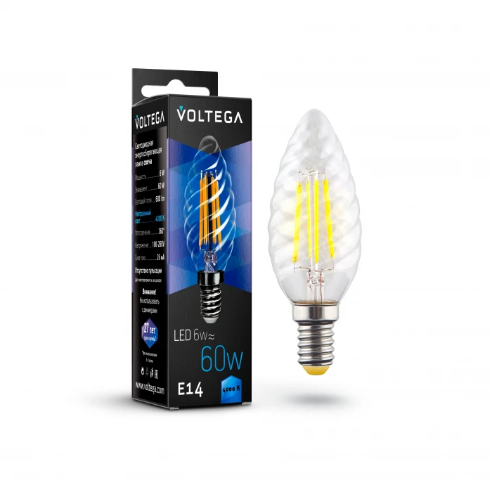 Лампочка светодиодная свеча прозрачная колба E14 6 Вт 600 lm 4000K нейтральное белое свечение Voltega Crystal 7028