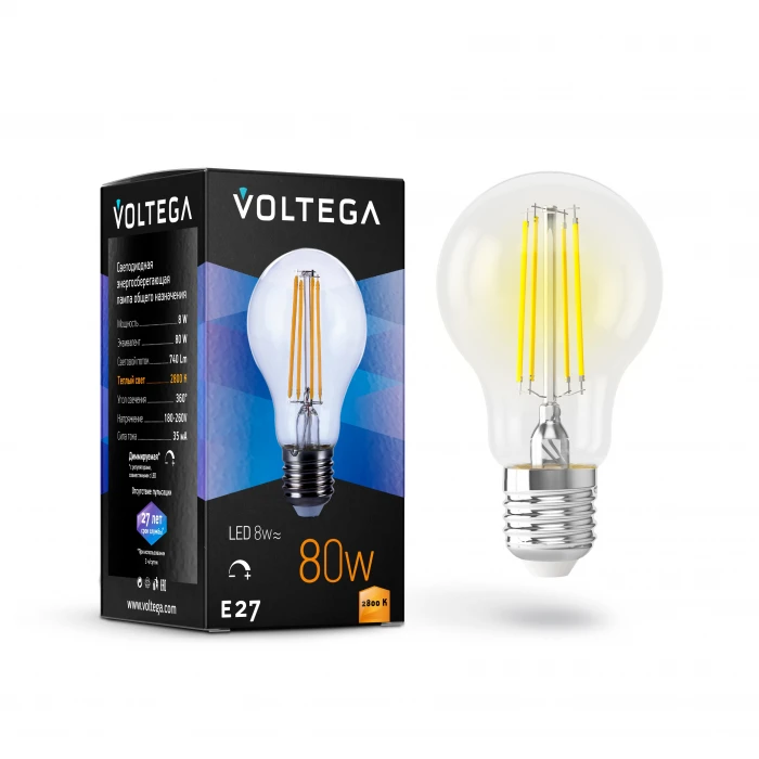 Лампочка светодиодная филаментная E27 8 Вт 740 lm 2800K теплое желтое свечение диммируемая Voltega Crystal 5489