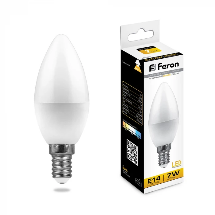 Лампочка светодиодная E14 7 Вт 560 lm 2700K теплое белое свечение Feron 25475