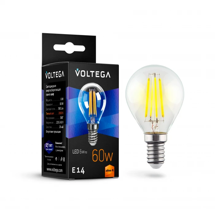 Лампочка светодиодная груша прозрачная колба E14 6 Вт 580 lm 2800K теплое желтое свечение Voltega Crystal 7021