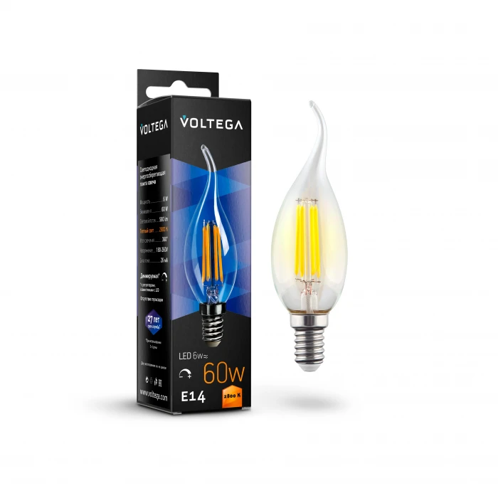Лампочка светодиодная свеча на ветру прозрачная колба E14 6 Вт 580 lm 2800K теплое желтое свечение диммируемая Voltega Crystal 7080
