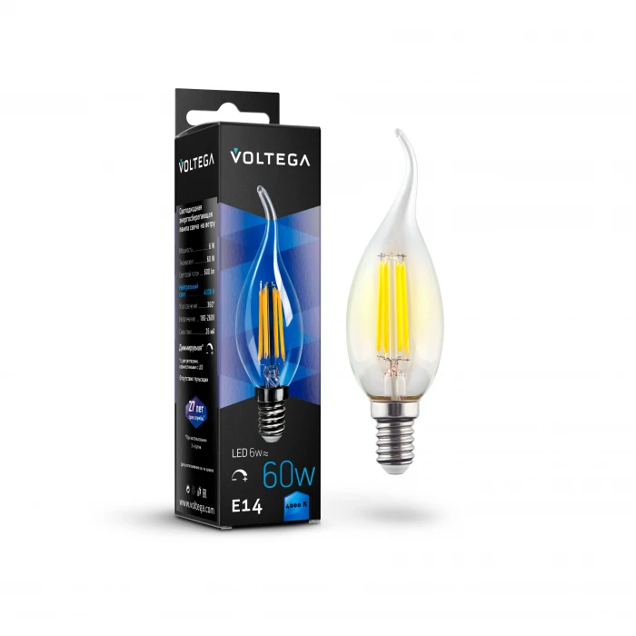 Лампочка светодиодная свеча на ветру прозрачная E14 6W 220V 4000K Voltega Crystal 7081