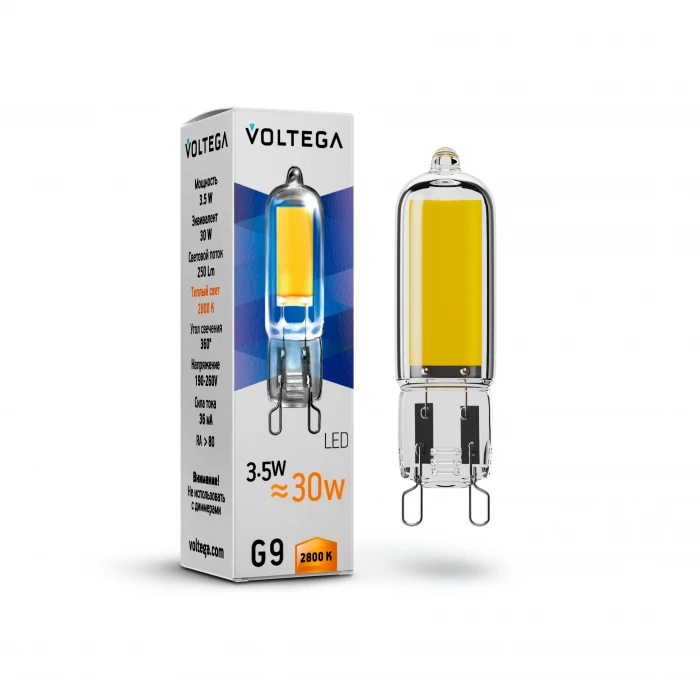 Лампочка светодиодная таблетка прозрачная колба G9 3,5 Вт 250 lm 2800K теплое желтое свечение Voltega Simple 7088