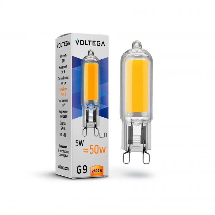 Лампочка светодиодная капсульная прозрачная колба G9 5 Вт 400 lm 2800K Voltega Simple 7090
