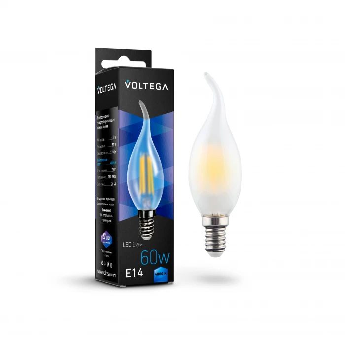 Лампочка светодиодная свеча на ветру белая колба E14 6 Вт 570 lm 4000K нейтральное белое свечение Voltega Crystal 7026
