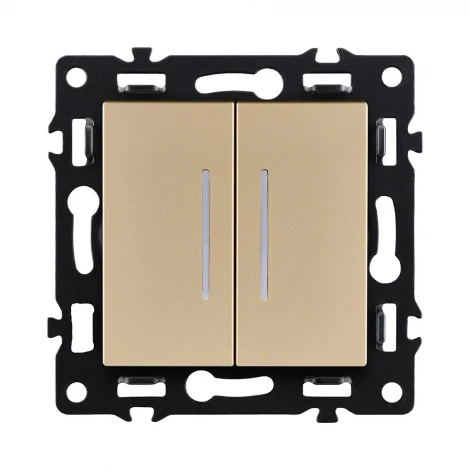 Выключатель 2-клавишный проходной 10А/250В с LED подсветкой, золотой Kollinger Asthetik AS-011GD