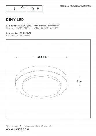Потолочный светильник круглый светодиодный диммируемый для ванной IP21 Lucide Dimy 79179/12/30 (220V, круглые)
