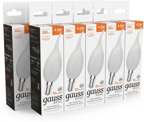 Лампочка светодиодная филаментная Gauss Filament 1045115 Свеча на ветру 4,5W 380lm 2700К Е14 milky LED