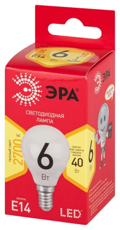 Лампочка светодиодная E14 6W ЭРА LED P45-6W-827-E14 R