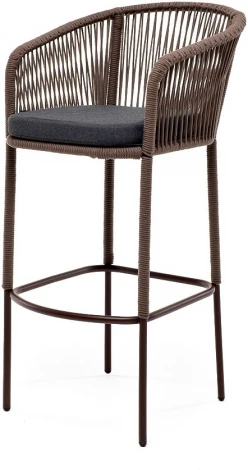 "Марсель" стул барный плетеный из роупа, каркас из стали коричневый (RAL8016) муар, роуп коричневый круглый, ткань темно-серая 027 4SIS арт.УТ-00007111