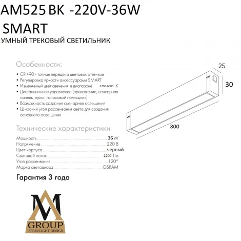 Трековый светильник однофазный светодиодный 220V 36W AM Group SMART OPAL AM525 BK-220V-36W SMART