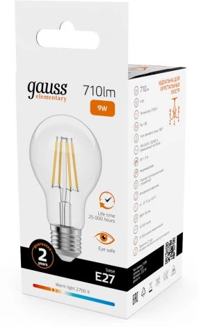 Лампочка светодиодная филаментная Gauss Filament Elementary 22219 А60 9W 710lm 2700К Е27 LED