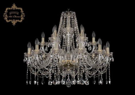 Подвесная большая люстра Art Classic 11.12 11.12.12+6+3.300.Gd.Sp (220V, хрусталь, на цепи, подсвечник, свеча)
