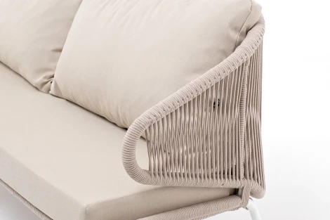 "Милан" диван 3-местный плетеный из роупа, каркас алюминий белый муар, роуп бежевый круглый, ткань бежевая 052 4SIS арт.УТ-00004929