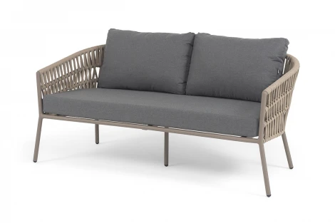 "Комо" диван 2-местный плетеный из роупа, каркас алюминий бежево-серый (RAL7006) муар, роуп серо-коричневый 23мм, ткань темно-серая 027 4SIS COM-S-2-001 RAL7006 Mua S-G-brown(D-gray027)