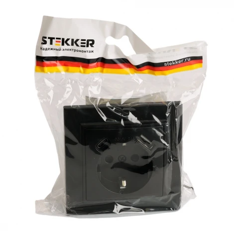 Розетка с заземлением и USB Type A+С (черный) Stekker Эрна 50078