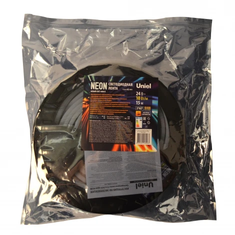 Светодиодная гибкая герметичная лента катушка 15м белый свет 4000К Uniel Neon ULS-N11-2835-120LED/m-8mm-IP67-DC24V-10W/m-15M-4000K катушка в герметичной упаковке